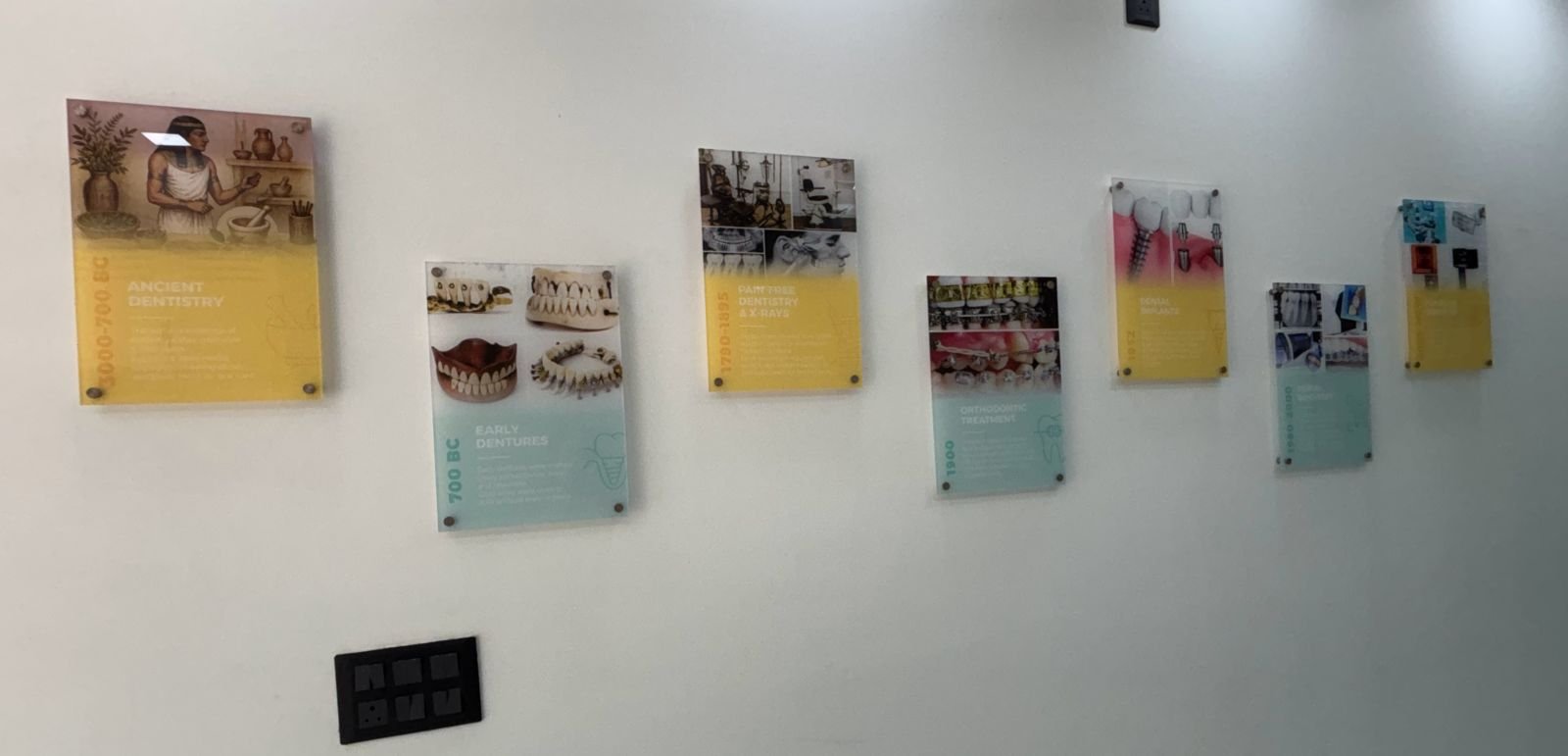 Timeline of dentistry wall display from ancient dentistry to modern implants